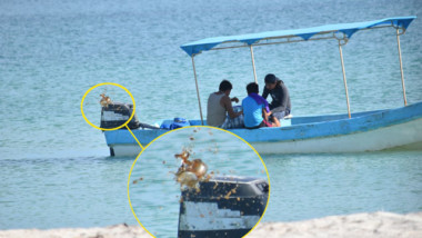 Captan pescadores arrojando basura al mar de Chuburná