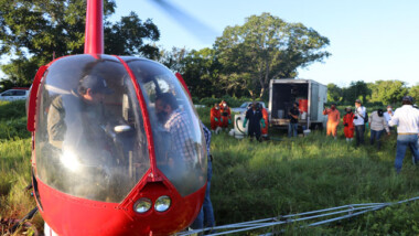 Combaten plaga de langosta con moderno helicóptero