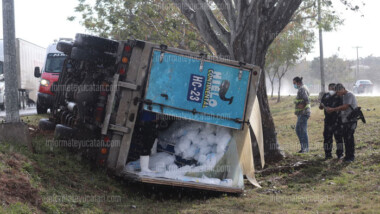 Vuelca camión cargado de bolsas de hielo