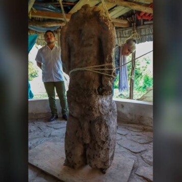 Hallan escultura de guerrero decapitado en Oxkintok, Yucatán