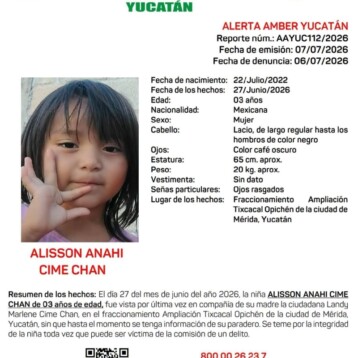Activan Alerta Amber en Yucatán por desaparición de niña de 3 años