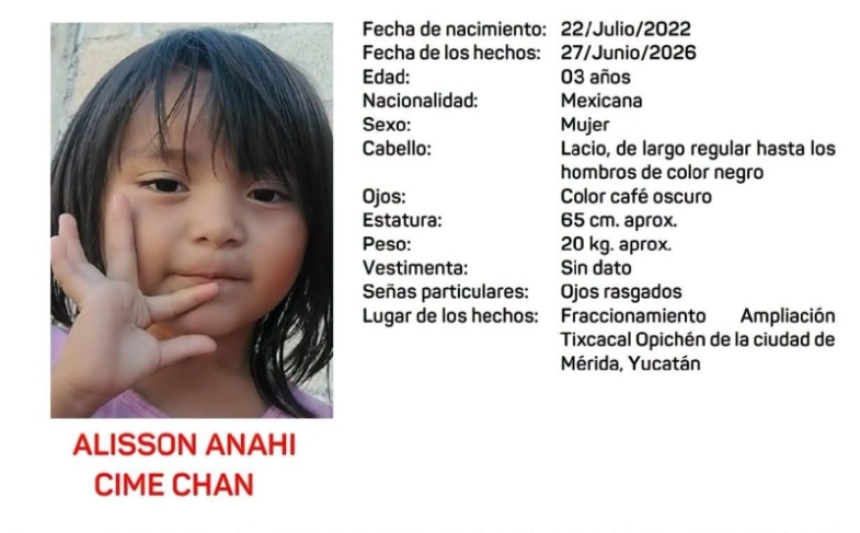 Activan Alerta Amber en Yucatán por desaparición de niña de 3 años